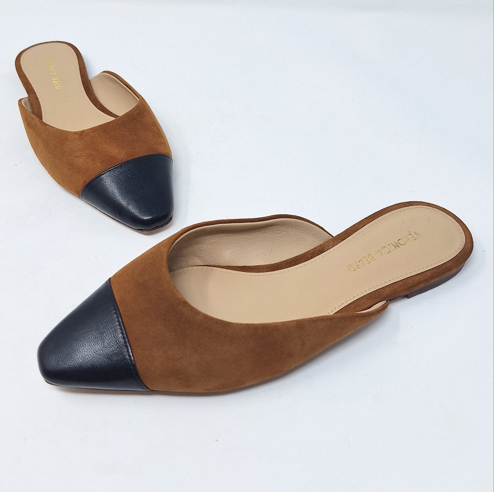 Veronica Beard Carlotta Suede Flat Closed Toe Mule Black Toe Caramel Brown